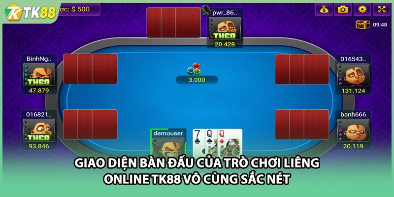 Giao diện bàn đấu của trò chơi liêng online TK88 vô cùng sắc nét